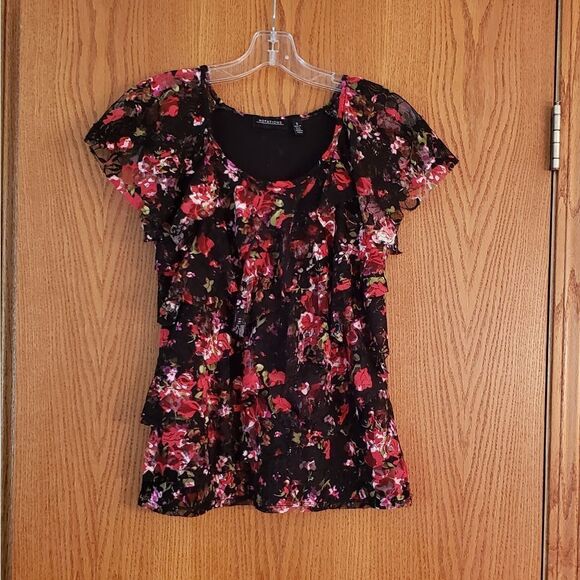 Beautiful Flouncy Tulle Layered Floral Blouse Sz S - Picture 2 of 8